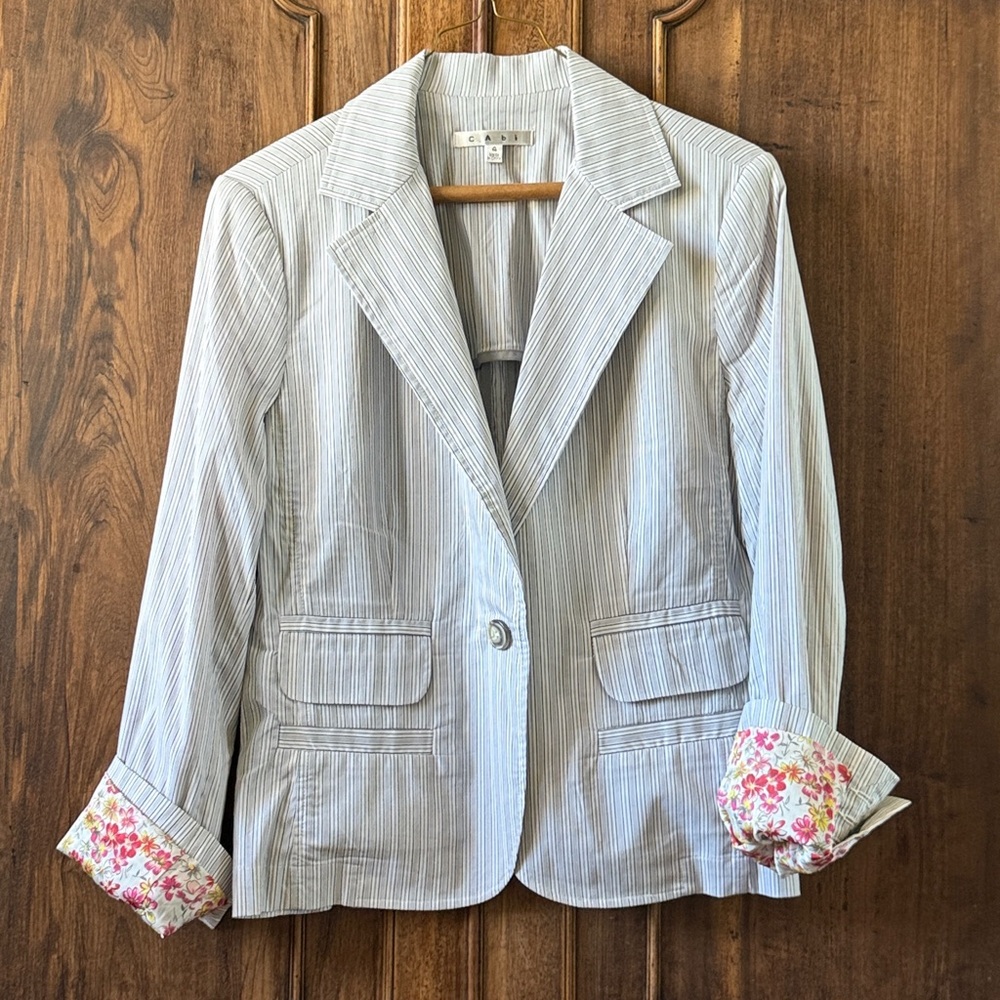 CAbi Striped Blazer with Floral Cuffs